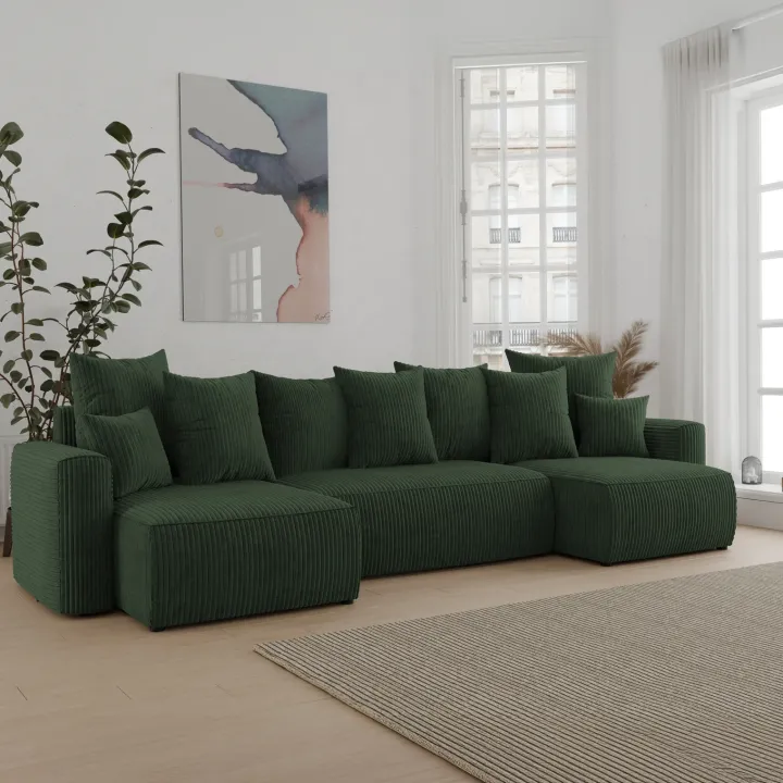 Divano letto panoramico 312x142cm velluto a coste verde scuro Scintilla