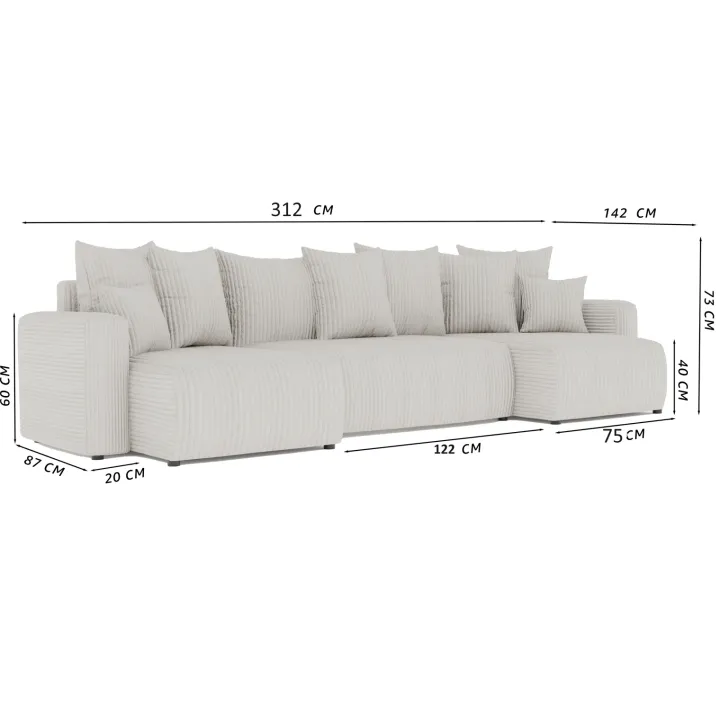 Divano letto panoramico 312x142cm velluto a coste verde scuro Scintilla