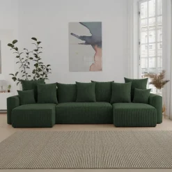 Divano letto panoramico 312x142cm velluto a coste verde scuro Scintilla