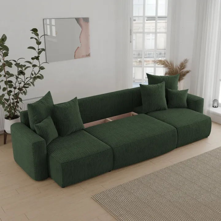 Divano letto panoramico 312x142cm velluto a coste verde scuro Scintilla