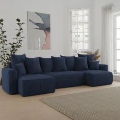 Divano letto panoramico 312x142cm velluto a coste blu Scintilla