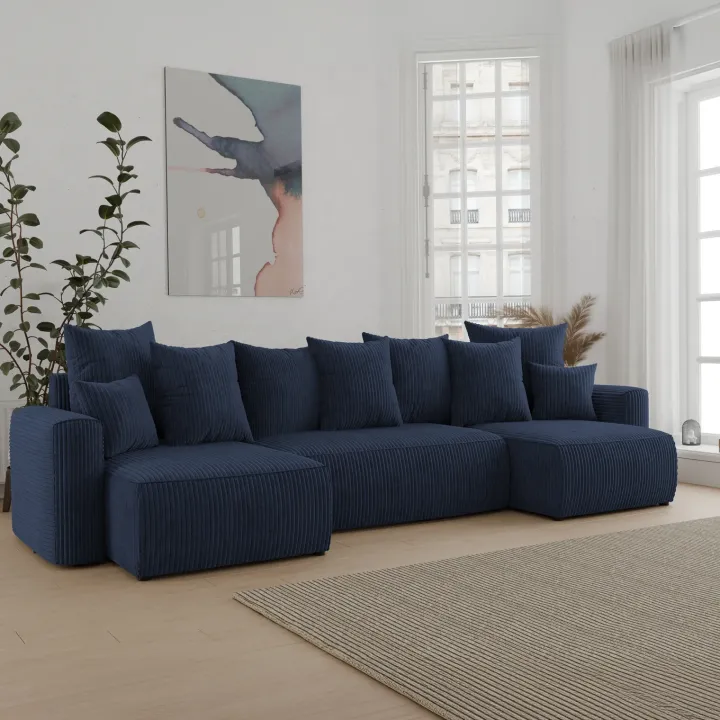 Divano letto panoramico 312x142cm velluto a coste blu Scintilla