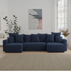 Divano letto panoramico 312x142cm velluto a coste blu Scintilla