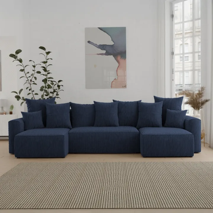 Divano letto panoramico 312x142cm velluto a coste blu Scintilla