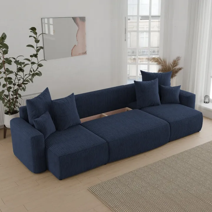 Divano letto panoramico 312x142cm velluto a coste blu Scintilla