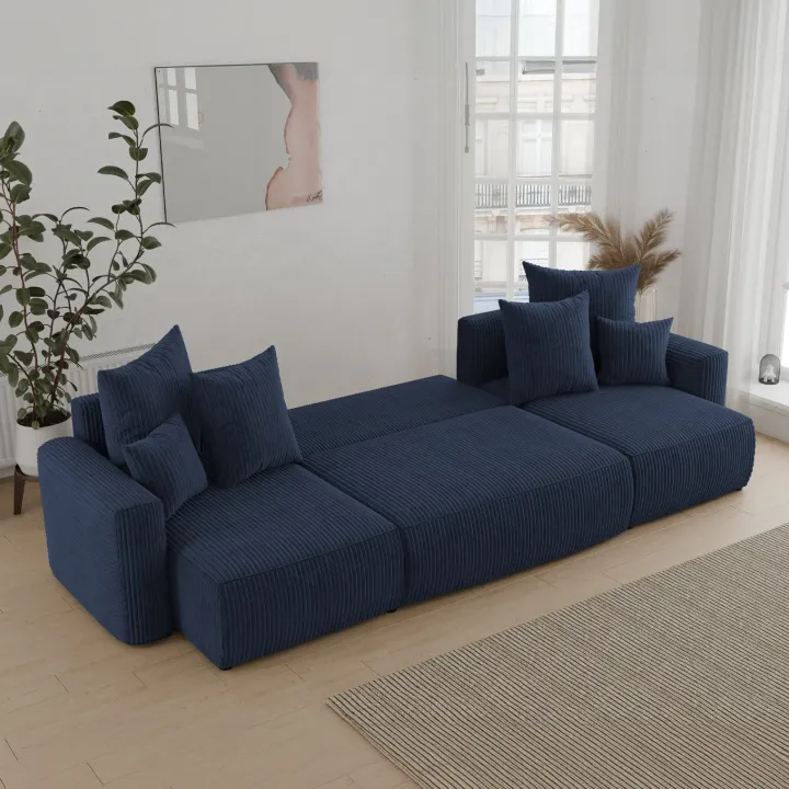 Divano letto panoramico 312x142cm velluto a coste blu Scintilla