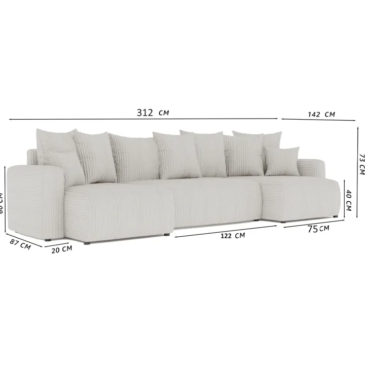 Divano letto panoramico 312x142cm velluto a coste blu Scintilla