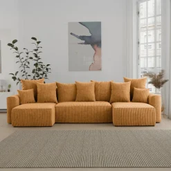 Divano letto panoramico 312x142cm velluto a coste giallo senape Scintilla