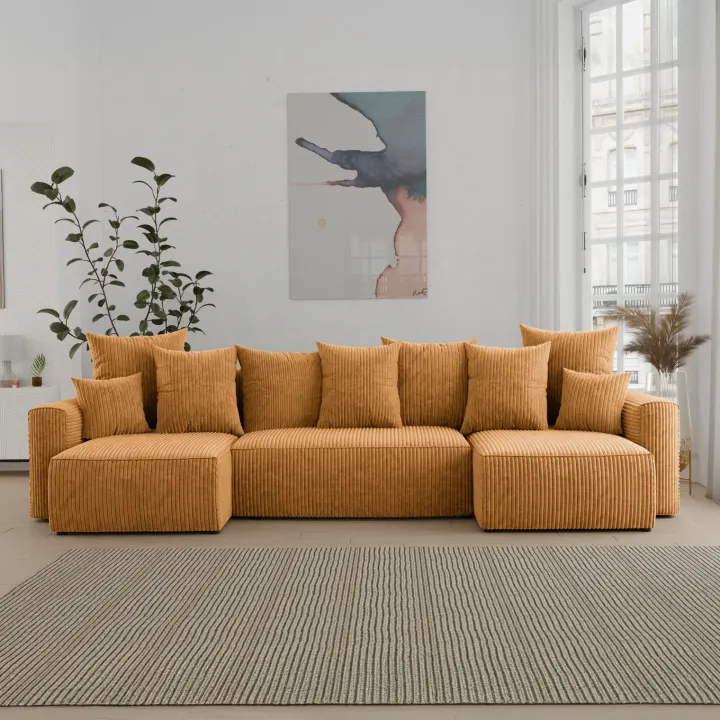 Divano letto panoramico 312x142cm velluto a coste giallo senape Scintilla