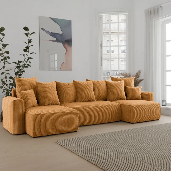 Divano letto panoramico 312x142cm velluto a coste giallo senape Scintilla
