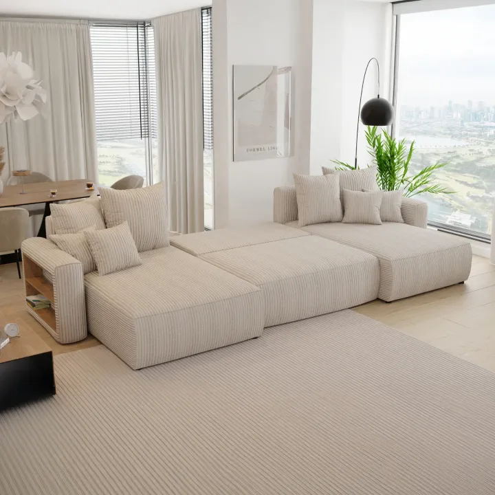Divano letto panoramico 350x160cm velluto a coste con libreria a sinistra beige Mistery