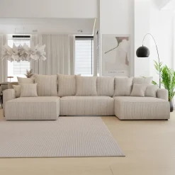 Divano letto panoramico 350x160cm velluto a coste con libreria a sinistra beige Mistery