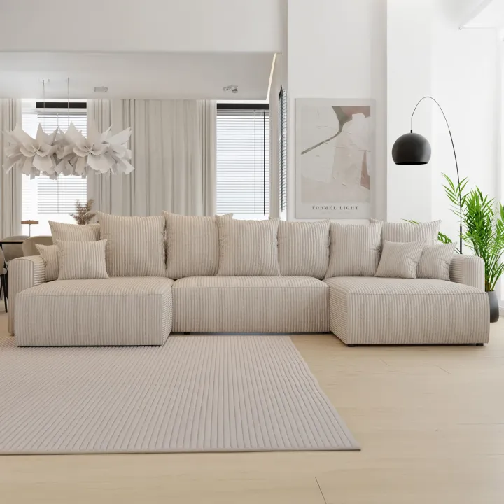 Divano letto panoramico 350x160cm velluto a coste con libreria a sinistra beige Mistery
