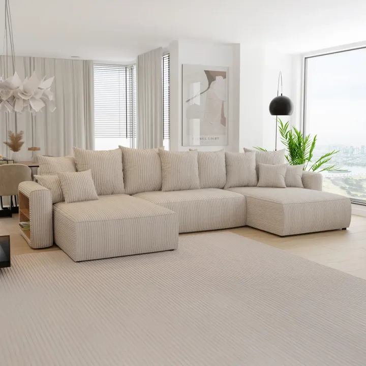 Divano letto panoramico 350x160cm velluto a coste con libreria a sinistra beige Mistery