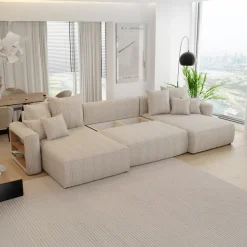 Divano letto panoramico 350x160cm velluto a coste con libreria a sinistra beige Mistery