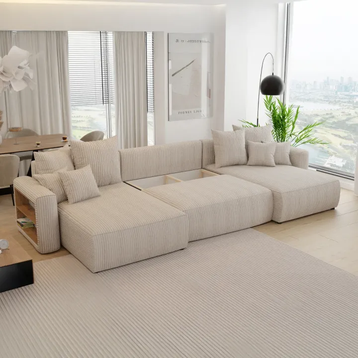 Divano letto panoramico 350x160cm velluto a coste con libreria a sinistra beige Mistery