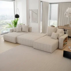 Divano letto panoramico 350x160cm velluto a coste con libreria a destra beige Mistery