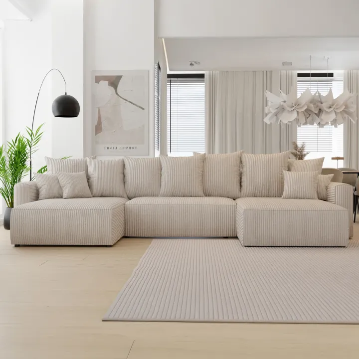 Divano letto panoramico 350x160cm velluto a coste con libreria a destra beige Mistery
