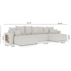 Divano letto panoramico 350x160cm velluto a coste con libreria a destra beige Mistery