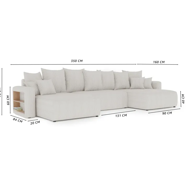 Divano letto panoramico 350x160cm velluto a coste con libreria a destra beige Mistery