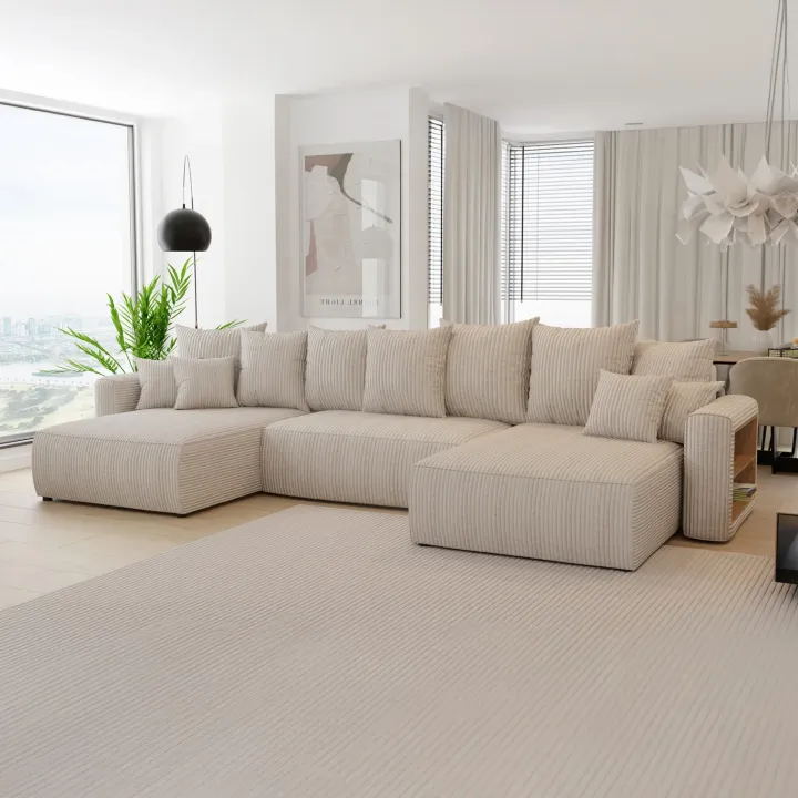 Divano letto panoramico 350x160cm velluto a coste con libreria a destra beige Mistery