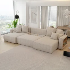 Divano letto panoramico 350x160cm velluto a coste con libreria a destra beige Mistery