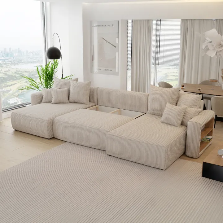 Divano letto panoramico 350x160cm velluto a coste con libreria a destra beige Mistery