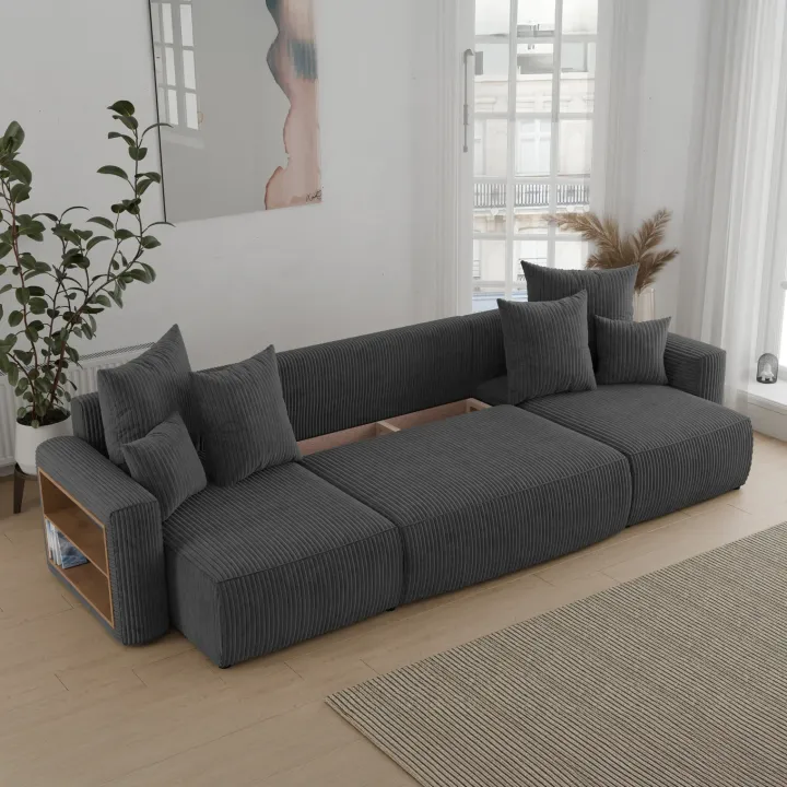 Divano letto panoramico 312x142cm velluto a coste con libreria a sinistra antracite Mistery