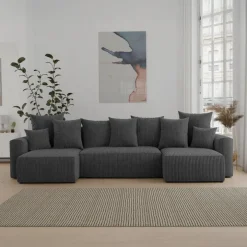 Divano letto panoramico 312x142cm velluto a coste con libreria a sinistra antracite Mistery