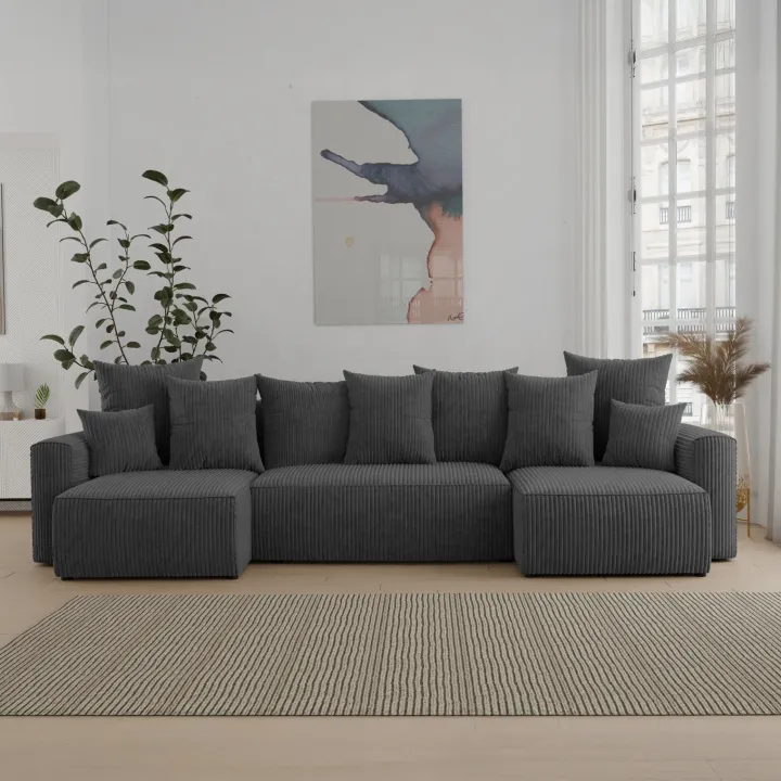 Divano letto panoramico 312x142cm velluto a coste con libreria a sinistra antracite Mistery