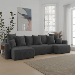 Divano letto panoramico 312x142cm velluto a coste con libreria a sinistra antracite Mistery