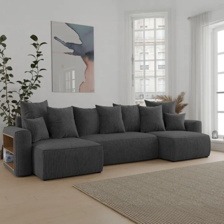 Divano letto panoramico 312x142cm velluto a coste con libreria a sinistra antracite Mistery