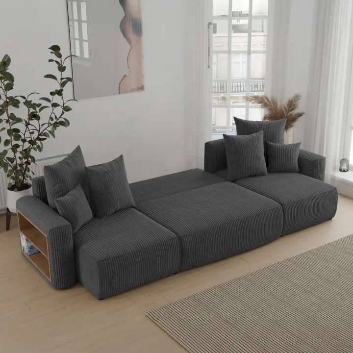 Divano letto panoramico 312x142cm velluto a coste con libreria a sinistra antracite Mistery
