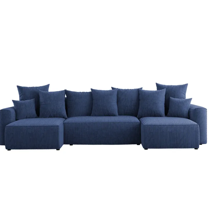 Divano letto panoramico 312x142cm velluto a coste con libreria a sinistra blu Mistery