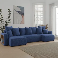 Divano letto panoramico 312x142cm velluto a coste con libreria a sinistra blu Mistery