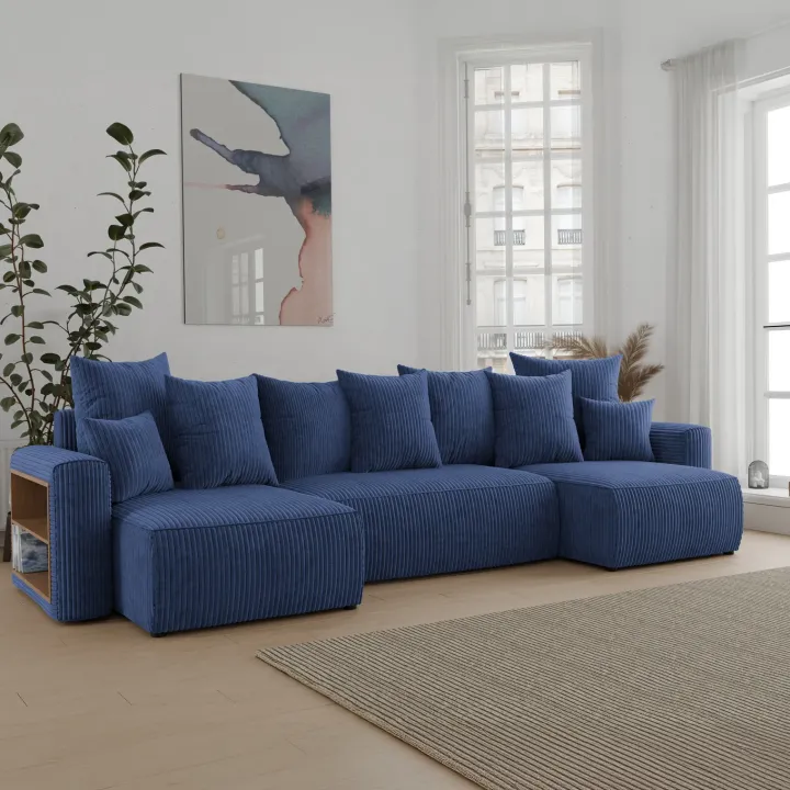 Divano letto panoramico 312x142cm velluto a coste con libreria a sinistra blu Mistery