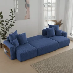 Divano letto panoramico 312x142cm velluto a coste con libreria a sinistra blu Mistery