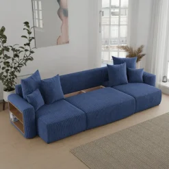 Divano letto panoramico 312x142cm velluto a coste con libreria a sinistra blu Mistery