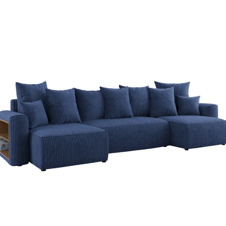 Divano letto panoramico 312x142cm velluto a coste con libreria a sinistra blu Mistery