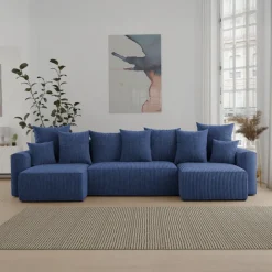 Divano letto panoramico 312x142cm velluto a coste con libreria a sinistra blu Mistery
