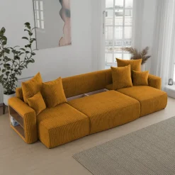 Divano letto panoramico 312x142cm velluto a coste con libreria a sinistra giallo senape Mistery