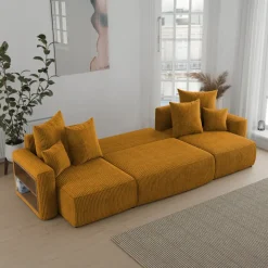Divano letto panoramico 312x142cm velluto a coste con libreria a sinistra giallo senape Mistery