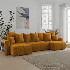 Divano letto panoramico 312x142cm velluto a coste con libreria a sinistra giallo senape Mistery