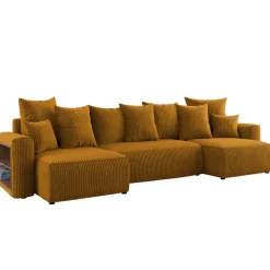 Divano letto panoramico 312x142cm velluto a coste con libreria a sinistra giallo senape Mistery