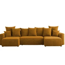 Divano letto panoramico 312x142cm velluto a coste con libreria a sinistra giallo senape Mistery