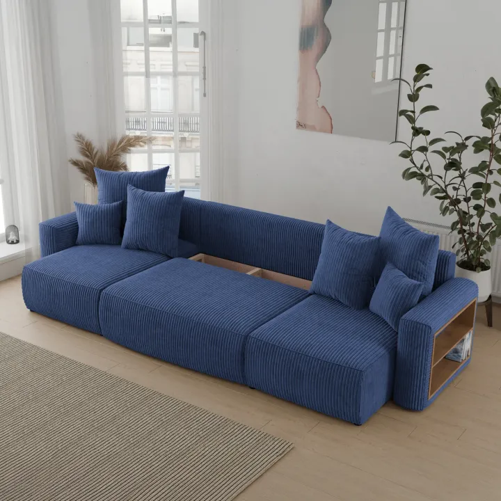 Divano letto panoramico 312x142cm velluto a coste con libreria a destra blu Mistery
