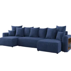 Divano letto panoramico 312x142cm velluto a coste con libreria a destra blu Mistery