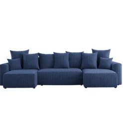 Divano letto panoramico 312x142cm velluto a coste con libreria a destra blu Mistery
