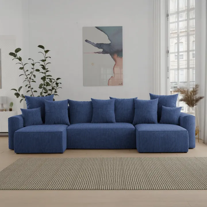 Divano letto panoramico 312x142cm velluto a coste con libreria a destra blu Mistery