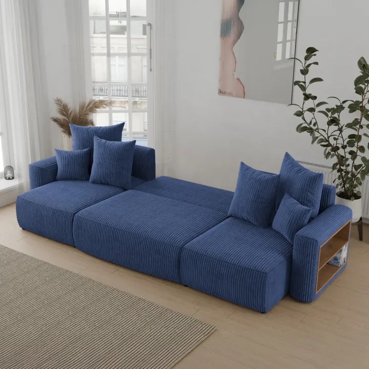 Divano letto panoramico 312x142cm velluto a coste con libreria a destra blu Mistery